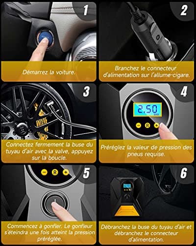 Gemokrt Gonfleur Pneus Voiture, 12V Compresseur À Air Portatif avec Fonction Mémoire, 3 Adaptateurs de Buses, Gonflage Rapide Compresseur pour Vélo