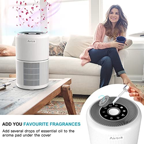 AIRTOK Purificateur d'air, avec fonction d'aromathérapie, filtre à air à 4 étages pouvant éliminer 99,97% de la poussière et du pollen, H13 HEPA Air Purifier| Vitesse du vent à 3 vitesses (Bianco)