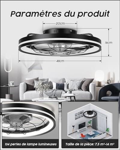 Airwit 48cm Ventilateur de Plafond Silencieux avec Lumiere et Telecommande, Moderne Rond Ventilateurs de Plafond avec Lampe Intégrée, Dimmable Ventilateur Plafond Chambre avec Reversible DC Moteur