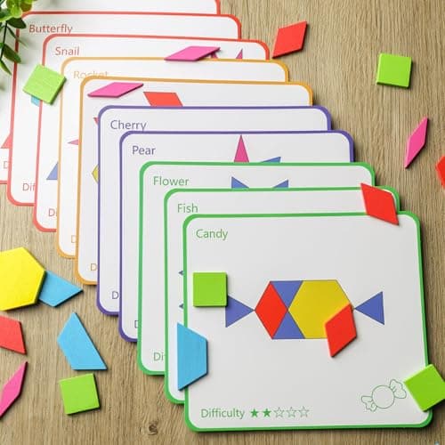 155 Pièces Tangram Bois Enfant, Puzzle Montessori Formes Géométriques Puzzle en Bois Jeu Tangram avec 12 Cartes Recto-Verso Jouet en Bois Montessori à Partir de 3 Ans pour Les Jeux Éducatifs D'éveil