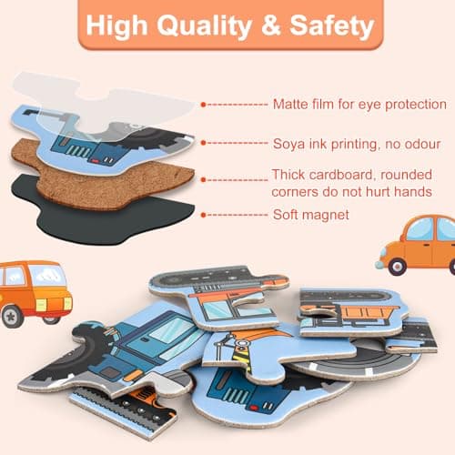 ASTARON Puzzle magnétique avec 60 Autocollants gonflés pour Tout-Petits, 41 pièces Puzzles pour Tout-Petits éducation préscolaire Apprentissage Jouets de Voyage Voiture Avion activités