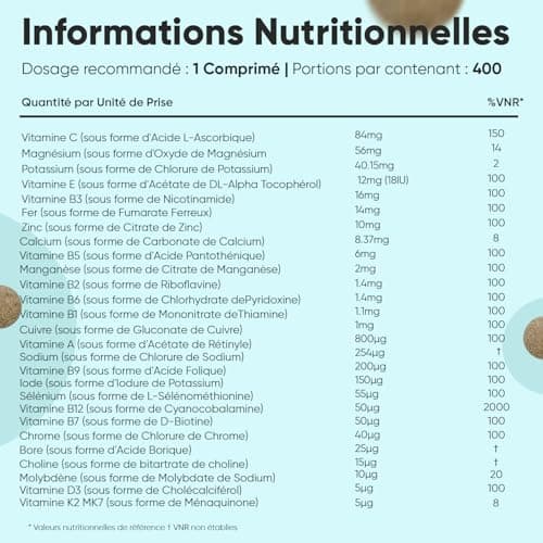 Multivitamines et Minéraux, 400 Microcomprimés Vegan (+ 1 An), 27 Nutriments Essentiels Vitamines A B C D E K Calcium, Magnesium, Zinc, Fer, Iode, Potassium, Multivitamines et Minéraux Homme Femme