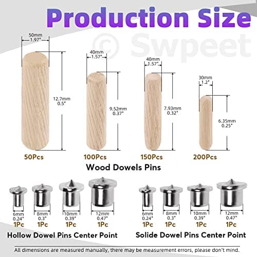 Swpeet Lot de 505 goupilles droites rainurées en bois de 4 tailles 6,3 mm, 5,9 mm, 1,27 cm avec point central cylindrique, chevilles en bois, assortiment de chevilles et chevilles de transfert
