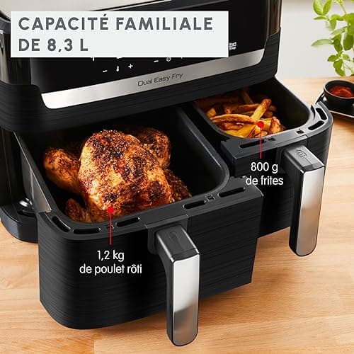 Moulinex Easy Fry Dual Friteuse sans huile, Capacité 8,3 L, Jusqu'à 8 personnes, 7 programmes automatiques, Ecran digital, Économie d'énergie, Application Moulinex, air fryer EZ901820