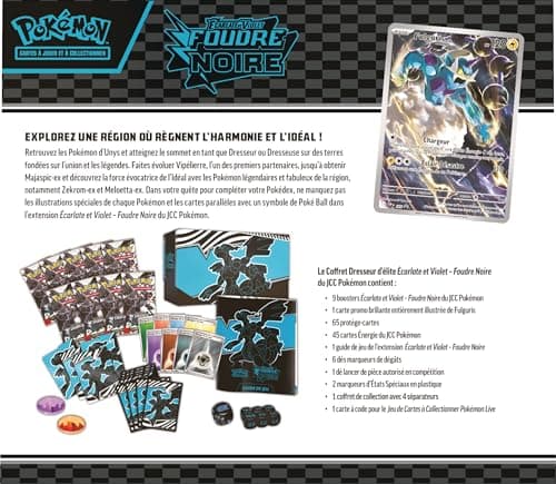 Pokémon : Coffret Dresseur d’élite Écarlate et Violet – Foudre Noire – Zekrom du JCC Pokémon (1 Carte Promo Entièrement Illustrée de Fulguris, 9 Boosters et des Accessoires de Jeu Premium)