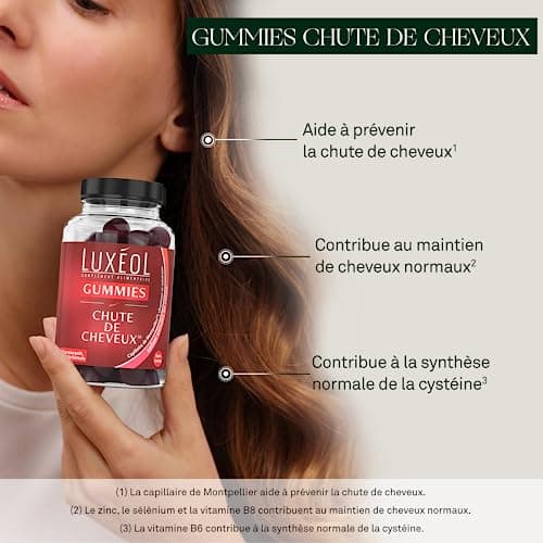 LUXÉOL - Gummies Chute Cheveux - Complément Alimentaire - Aide À Prévenir La Chute - Arômes Naturels Orange & Mandarine - Sans Sucres - Fabriqué En France - Programme 1 Mois - 60 Gummies