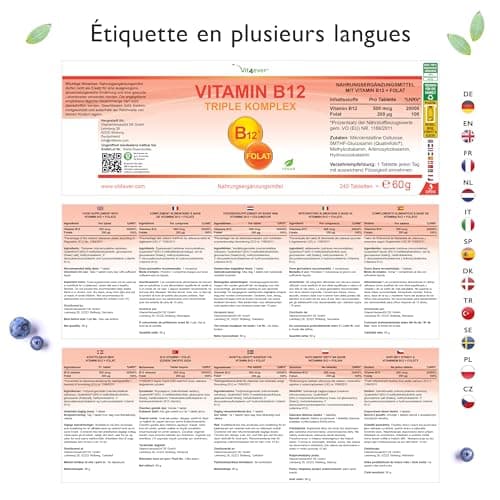 Vitamine B12-240 comprimés pour 8 mois - 500μg Vit B12 + acide folique 200μg par jour - Méthylcobalamine, adénosylcobalamine & hydroxocobalamine B12 + acide folique bioactif Quatrefolic®