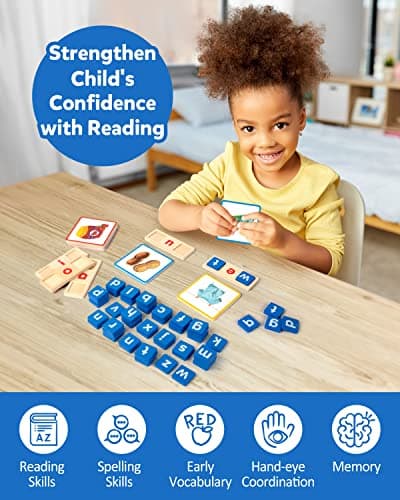 Coogam Voyelle Courte en Bois Lecture Lettres Tri Jeux d'orthographe, Mots à Vue Flashcards Alphabet Puzzle Montessori Jouet Éducatif Cadeau pour Enfants 3 4 5 Ans