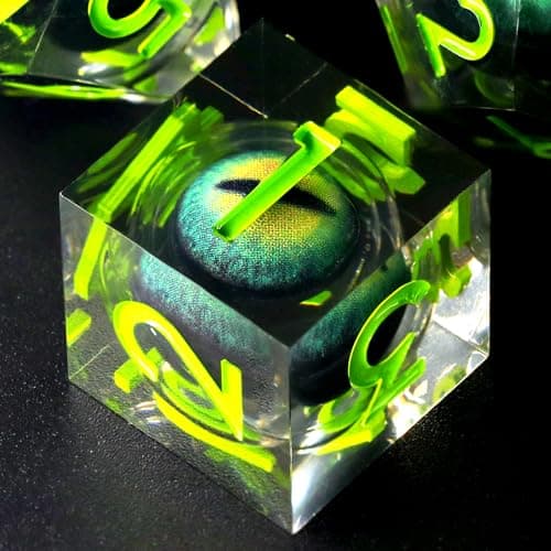 FONVGOGO Dés JDR Dés Jeu de Role pour Donjon et Dragon, Set de Dés JDR 7 Pièces Dés Œil de Dragon Mobile des Noyau Liquide Résine Polyédriques DND Dice Set (Vert)
