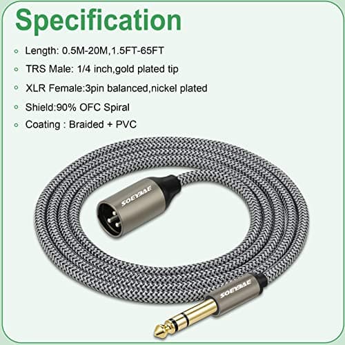 SOEYBAE XLR Mâle vers 6,35 mm TRS Mâle 5M,jack stéréo Tressé microphone Câble pour haut-parleurs, scènes, DJ, consoles audio de studio