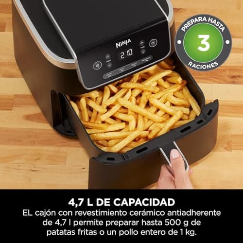 NINJA Air Fryer PRO Friteuse 4,7L, 1 tiroir, 4-en-1, sans huile, rôtir, réchauffer, déshydrater, cuire 1 à 2 portions, à partir de produits surgelés, tiroir, panier antiadhésifs, 2 000 W, Noir AF140EU