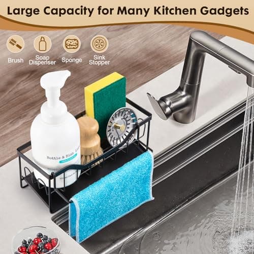 Sinnsally Organisateur Evier Cuisine,Porte Eponge Evier Cuisine avec Vidange Automatique,Rangement Eponge Evier Cuisine,Organisateur d'évier,Repose Eponge,Support Eponge évier en Acier Inoxydable,Noir