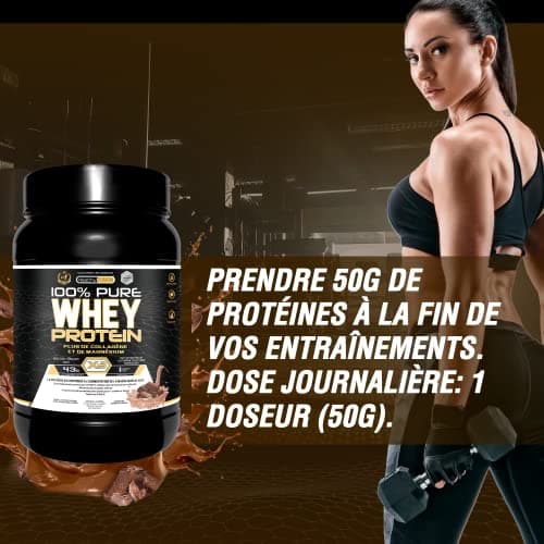 Whey Protein | Protéine pure avec Collagène + Magnésium | Tonifie et augmente la masse musculaire | Protège les muscles et aide à la récupération des tissus fibreux | 1000g de protéines chocolat