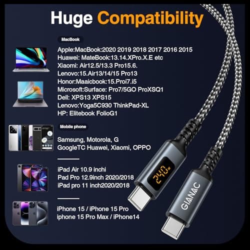 240W Câble USB C vers USB C vec écran LED [1M] Câble USB C PD 48V/5A Câble de Charge rapide USB C vers USB C avec puce E-Mark pour iPhone 15, iPad, MacBook,Galaxy, Huawei,Tablette Google