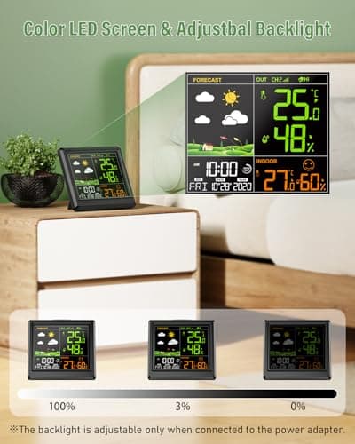 Station Météo Interieur Exterieur Sans Fil | Hygromètre Thermomètre Numérique Intérieur et Extérieur | Avec Horloge Numérique Alarme | Ecran LCD Couleur Rétro-Éclairé | Prévisions Météo | Noir