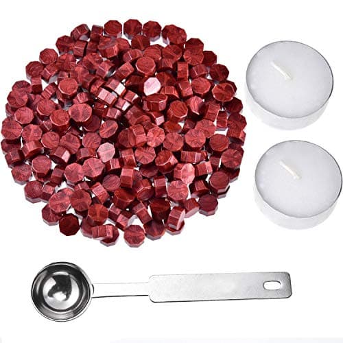Kit de Cire pour Xceau,240 PCS Perles de Cire à Cacheter PCS+2 Bougie de Thé Blanc+1 Cachetage d'octogone de Cuillère Sceau Cire pour Cachet de Cachet de Cire Rouge