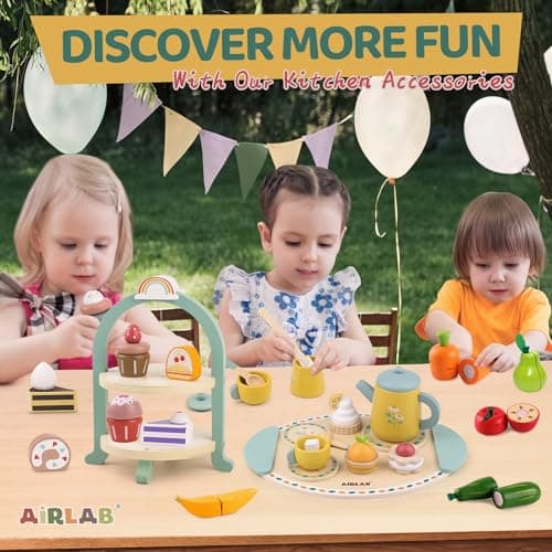 Airlab Service à Thé Bois Bébé, Jeux Rôle Tea Party, Jouet Éducatif Éveil Montessori, Gâteau Dessert Dinette Jouet Cuisine, Cadeau Créatif Anniversaire Pâques Halloween Noël Enfant Garçon Fille 3+ Ans