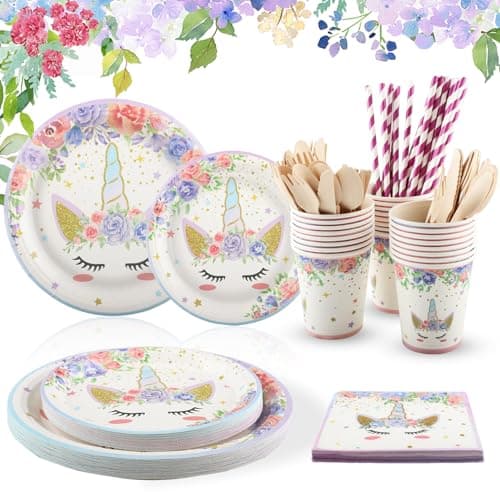 Assiettes Anniversaire Rose Licorne, Vexillic Set de Vaisselle de Fête Licorne 200 Pièce Réutilisable Decoration Anniversaire Licorne Fille Assiettes Tasses Serviettes Fourches (25 Invités)
