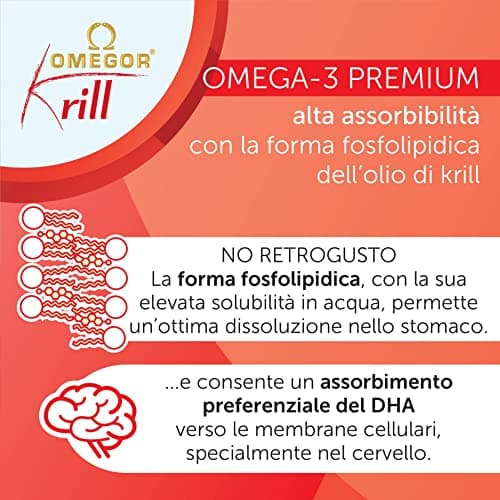 Omegor Krill - Complément alimentaire avec phospholipides, choline, Oméga-3 et astaxanthine à haute biodisponibilité - 260 mg d'EPA et DHA - Sans arrière-goût - Facile à avaler - 60 capsules