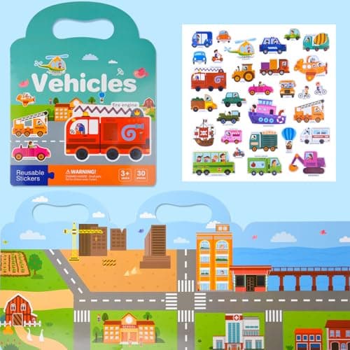 ASTARON Lot de 5 livres de scènes d'autocollants 3D réutilisables pour tout-petits de 2, 3, 4 ans, jeu d'autocollants éducatifs sensoriels, autocollants de voyage et livre occupé, véhicules, animaux,