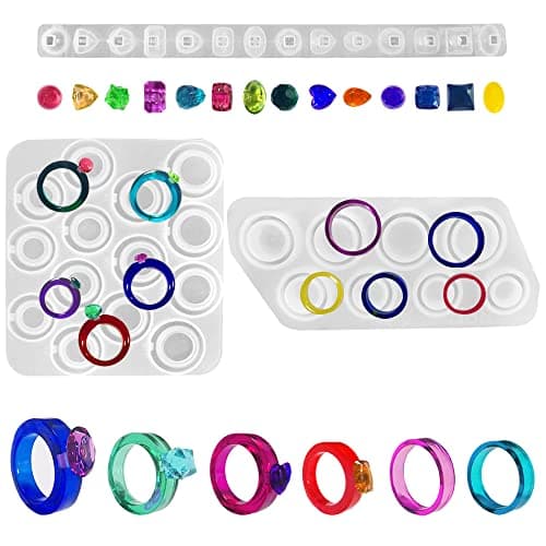 Lot de 2 moules en silicone AIFUDA pour résine époxy, anneaux en diamant avec tailles 6-12# et 8 tailles différentes, fabrication de bijoux