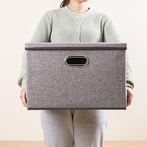 Prandom Grand bac de rangement pliable avec couvercle [1-Pack] Boîte de rangement décorative en tissu de lin Panier Cube avec poignées (45 x 30 x 30 cm)
