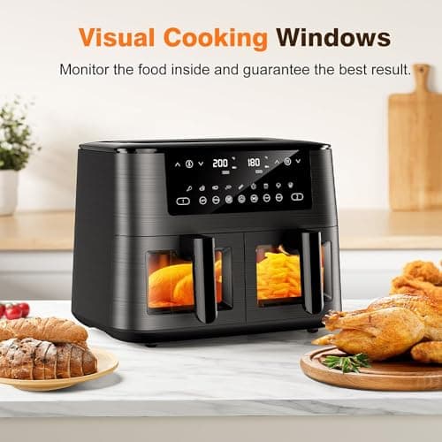 9L Dual Zone Air Fryer avec Fenêtre de Visualisation, Friteuse sans Huile avec 2 Tiroir, 9-in-1 Programmes de Cuisson, Écran Tactile, Fonction Rendez-vous, Faible en Grasses, Va au Lave-vaisselle
