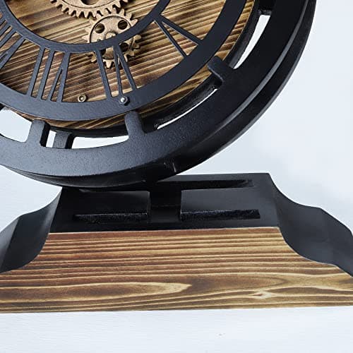 Lafocuse Pendule de Bureau avec Engrenages Mobiles, Bois Industrielle Vintage Steampunk Noire, Transformable en Horloge Murale, Retro Chiffres Romains pour Etagère Table Salon Bar 29cm