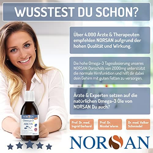 NORSAN Premium Omega 3 Huile de foie de morue de l'Arctique 200ml / 2000mg d' oméga-3 par dose journalière/huile de poisson 480mg EPA & 720mg DHA/oméga 3 huile issue de la pêche durable