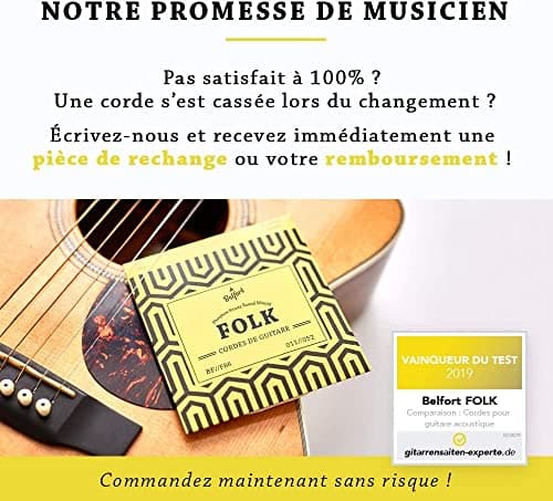 BELFORT® Cordes ☆ VAINQUEUR DE TEST 2019* ☆ Pour guitare folk & acoustique ☆ BONUS : Ebook gratuit + 3 plectres ☆ en Phosphor Bronze (lot de 6)