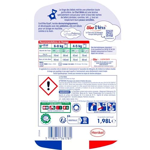 LE CHAT - Bébé - Lessive Liquide - Spécial Taches Bébé - Respect des Peaux Sensibles - Sans Conservateurs - Parfum Hypoallergénique - Développé avec des Pédiatres - 44 Lavages
