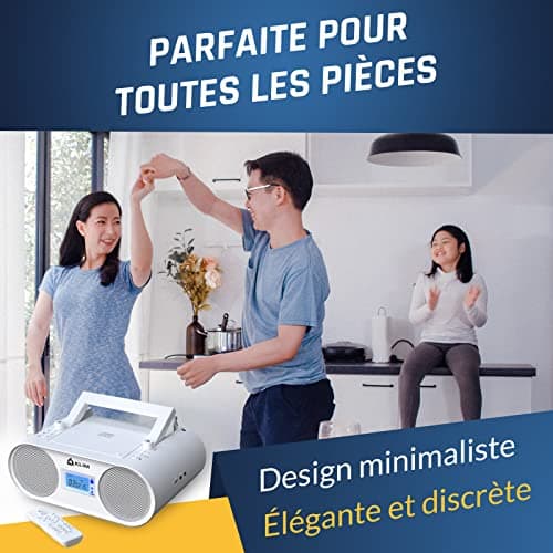 KLIM Boombox B4 Poste Radio CD Portable + Radio AM/FM, CD, Bluetooth, USB, MP3 + Mode Filaire et sans Fil avec Piles Rechargeables + Télécommande, Mode Veille Auto + Lecteur CD Portable + Blanc