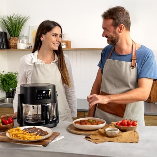 Cecotec Friteuse à Air sans Huile de 4,5 L Air Fryer Cecofry Flip&Grill 4500. 1500 W, 3 en 1 : Friteuse, Gril et Marmite, 6 Menus, Cuve en Verre, Température et Temps Réglables, Accessoires