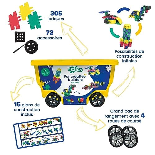Clics Jeu de Construction, Rollerbox 15 en 1, 305, 72 Accessoires at Autocollants, Jouets Enfants STEM pour des Heures de Plaisir, 3 Ans jusqu'à 12 Ans, Jouets DURABLES en Plastique RECYCLÉ