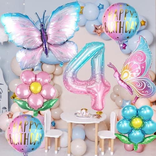 Ballons Anniversaire Fille, 7 Pièces Ballon Aluminium Féerique Ballon Papillon Ballon Fleur, pour Anniversaires de Filles, Baby Shower, Photographie, Articles de Fête (4 Ans)