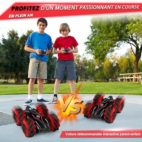 Bibykivn RC Voiture Stunt, 360°Rotation 2.4GHz Voiture Télécommandée Tout Terrain, 4WD Capteur de Gestes Jouet Voitures avec Lampe à pulvérisation LED pour 4-12 Ans Garçon Fille (Rouge)