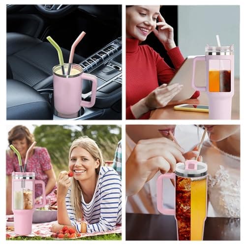 TOEECY Stanley Cup Accessoires 2 en 1 avec doublure en Silicone Intérieur Séparateur Réutilisable Paille Insérable pour Gobelet 40 oz (Rose)