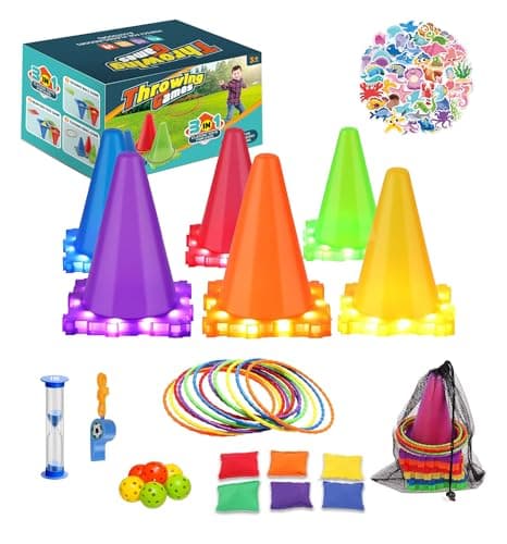 Jeux Extérieur pour Enfants 5 6 7 8 9 10 11 12 Ans Set de Cônes avec LED Intégrés& Anneaux&Sacs de Haricots Jeu Lancer d’Anneaux Parcours d'Obstacles Jeux de Relais Haies Cadeaux Fête Journée Sportive