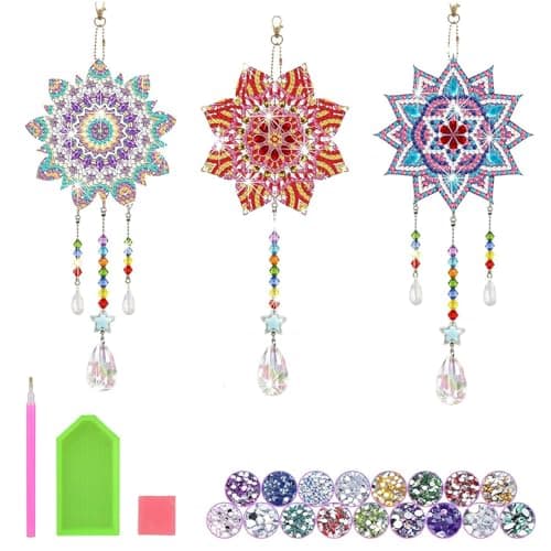 Yoaeyok 3 Pièces Kits de Broderie Diamant Attrape Rêves de Peinture au Diamant 5D DIY Diamond Painting Carillon à Vent Attrape Soleil Strass Pendentif pour Décoration de Maison de Jardin