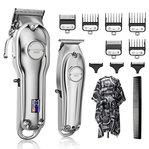 SUPRENT Tondeuse cheveux professionnelle-tondeuse barbe électrique, tondeuse à cheveux sans fil pour hommes/enfants/femmes, kit de toilettage, affichage LED, rechargeable(Argent)