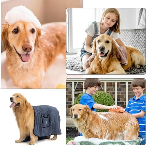 Serviette de Bain pour Chien 130X70cm, Serviette de Séchage en Microfibre pour Petits Moyens et Grande Chiens, Séchage Rapide Serviette avec Poches à Main pour Animaux de Compagnie (Marron)