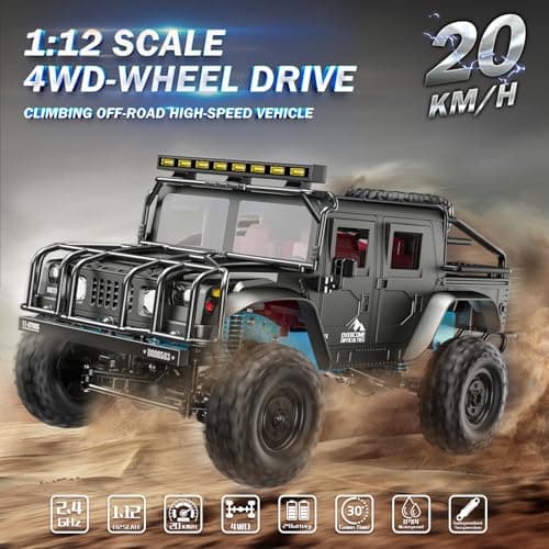 SIMREX Voiture Télécommande Tout - Terrain 1/12, 20 km/h, 4WD avec télécommande 2,4 GHz, véhicule Hors Route RC étanche ipx4 avec Batterie Rechargeable, Convient aux Enfants et aux Adultes