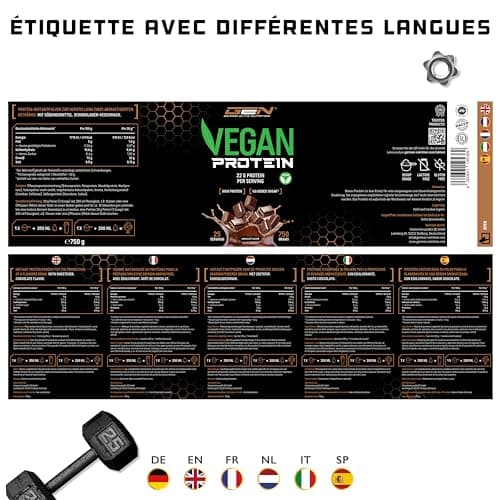 Proteine Poudre Vegan - Protéines végétales de pois, riz, amande et chanvre - Sans soja - Délicieuses & crémeuses - (750 g, Chocolat)
