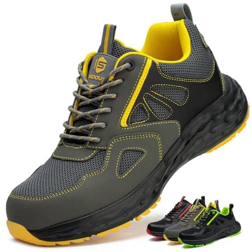 ISOOUS Chaussures de Sécurité Hommes Chaussures de Travail Femmes Légère Embout Plastique Basket Securite Antidérapante Cuisine Gris Jaune EU 45