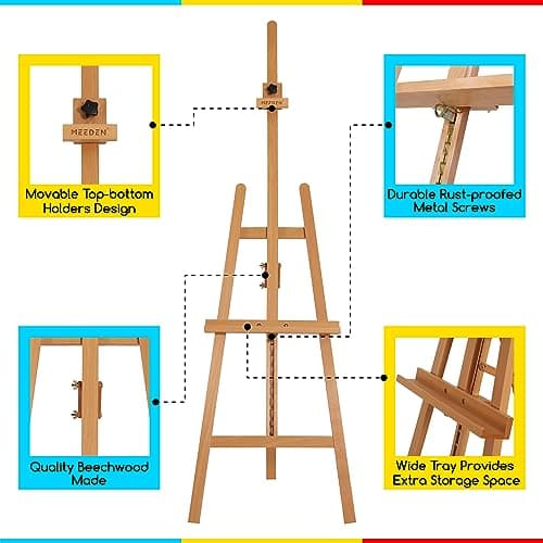 MEEDEN Chevalet Peinture en Bois de hêtre Massif, Peut contenir Une Toile jusqu'à 110cm, Chevalet de Peinture à Cadre en A avec Hauteur et Angle réglables, Naturel