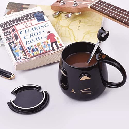 Sevitini Tasse de chat, Tasse a cafe avec cuillère y couvercle, céramique kawaii Mug avec chat, 450ml, Tasses à café, pour les amateurs de chatons,Cadeau de Noël ou d'anniversaire (Noir)