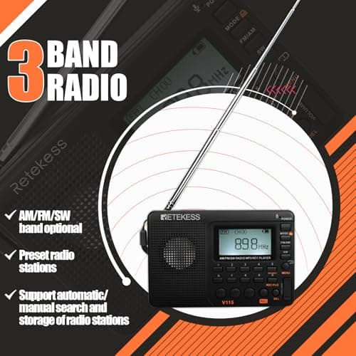 Retekess V115 Radio Portable,Petite Radio Rechargeable,FM AM SW, Piles et Secteur,Carte TF,Enregistreur, MP3,Minuterie de Sommeil,Salle de Bain,Cuisine(Noir)