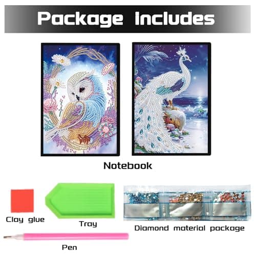 DCIDBEI Diamond Painting lot de 2 Carnet A5 Hibou Blanc Peinture Diamant Carnet de Note Chouette Paon A5 Diamant Painting Carnet de Croquis Filles Journal Intime Femme Adulte 50 Feuilles