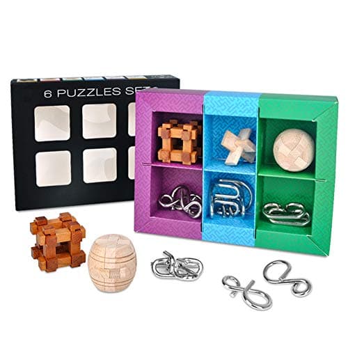Chonor 6 Pièces 3D Puzzle en Métal Casse-tête en Bois - Classique Brain Teaser IQ Puzzle Éducatif Jouet Jeu Jigsaw pour Enfants et Adultes - Parfait pour l'idée de Cadeau et la Décoration à la Maison