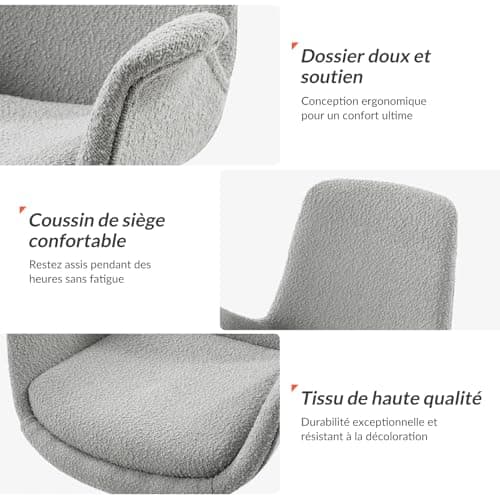 HULALA HOME Chaise de Bureau, Chaise d'ordinateur avec accoudoirs, Hauteur réglable, Fauteuil bouclé en Tissu pour Salon et Chambre à Coucher (Gris)